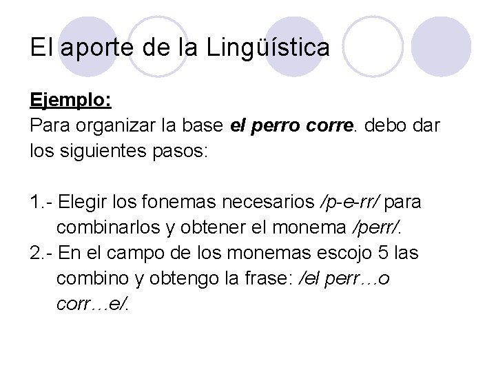 El aporte de la Lingüística Ejemplo: Para organizar la base el perro corre. debo