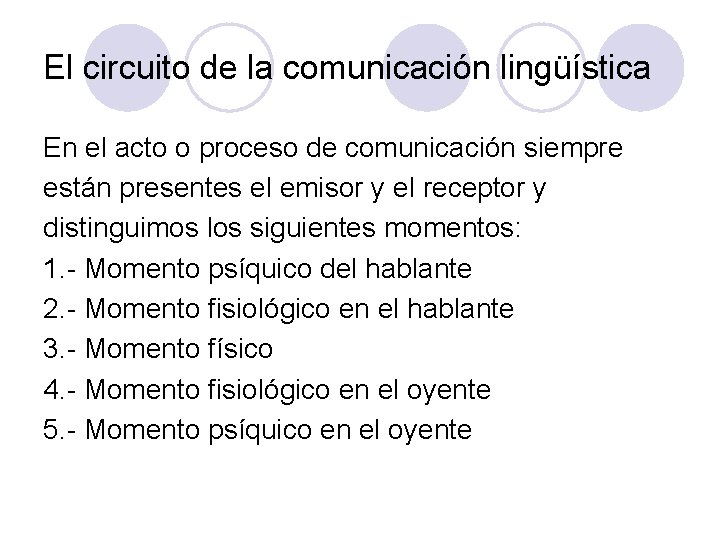 El circuito de la comunicación lingüística En el acto o proceso de comunicación siempre