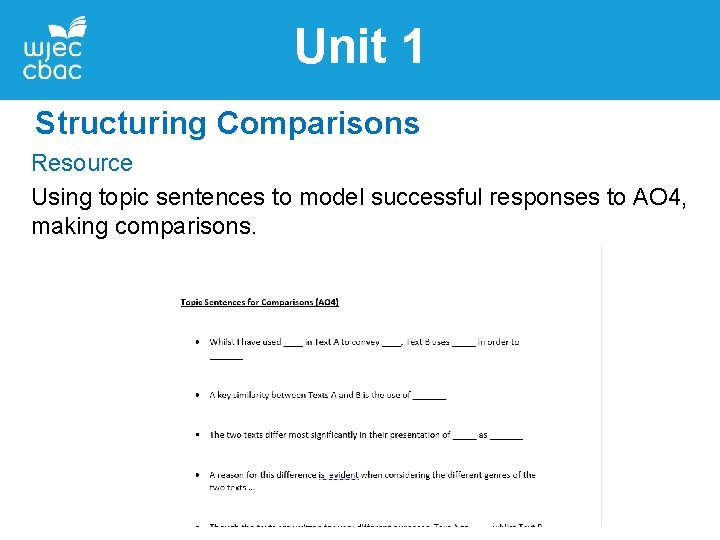 Unit 1 Structuring Comparisons Resource Using topic sentences to model successful responses to AO Unit 1 Structuring Comparisons Resource Using topic sentences to model successful responses to AO