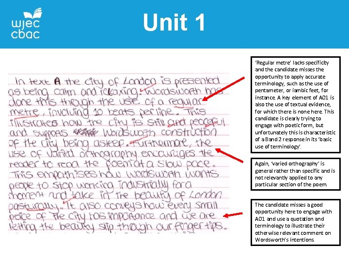 Unit 1 ‘Regular metre’ lacks specificity and the candidate misses the opportunity to apply Unit 1 ‘Regular metre’ lacks specificity and the candidate misses the opportunity to apply