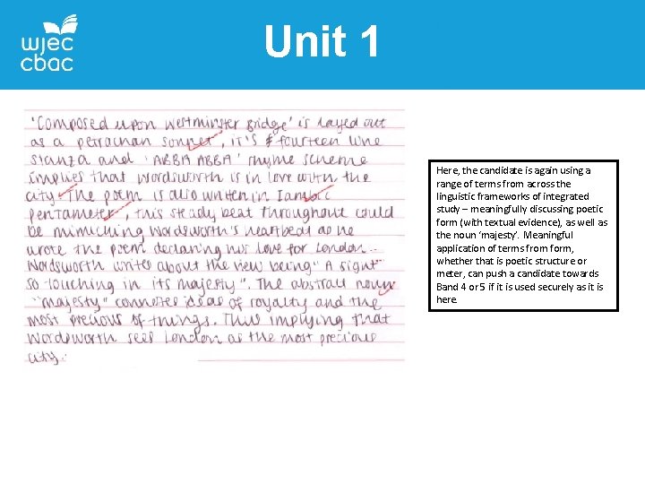 Unit 1 Here, the candidate is again using a range of terms from across Unit 1 Here, the candidate is again using a range of terms from across