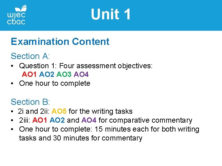 Unit 1 Examination Content Section A: • Question 1: Four assessment objectives: AO 1 Unit 1 Examination Content Section A: • Question 1: Four assessment objectives: AO 1