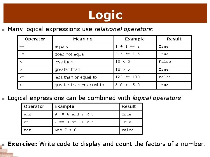 Logic n Many logical expressions use relational operators: Operator n n Meaning Example Result