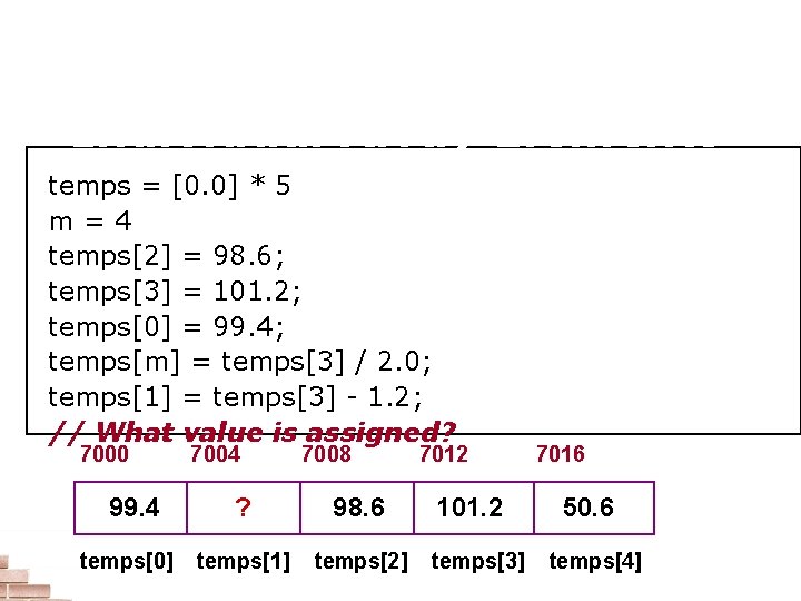 Assigning Values to Individual Array Elements temps = [0. 0] * 5 m=4 temps[2]