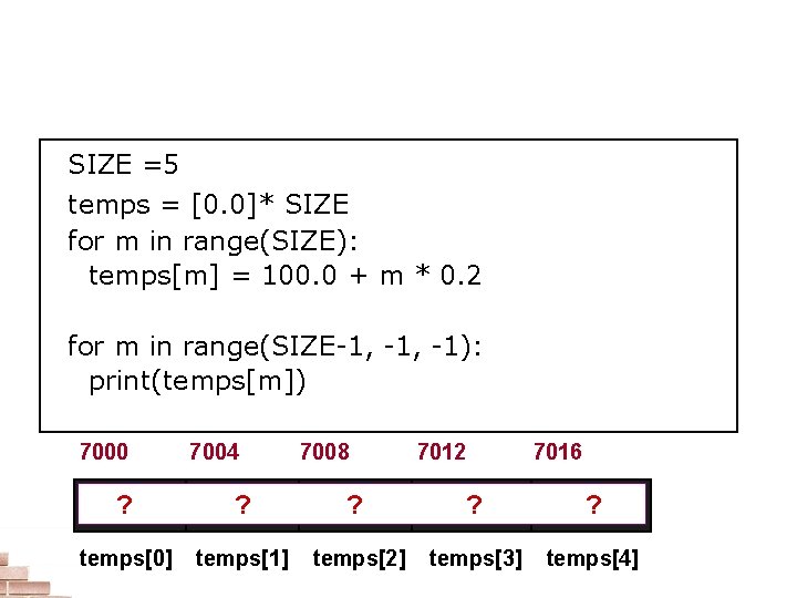 What values are assigned? SIZE =5 temps = [0. 0]* SIZE for m in