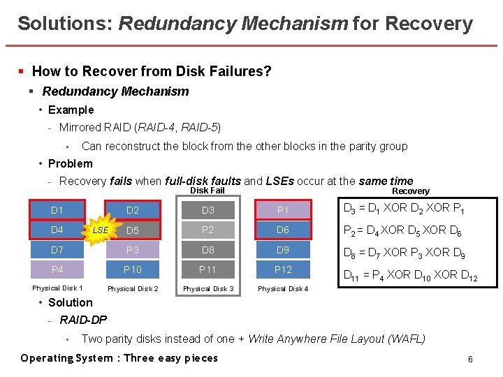 Solutions: Redundancy Mechanism for Recovery § How to Recover from Disk Failures? § Redundancy Solutions: Redundancy Mechanism for Recovery § How to Recover from Disk Failures? § Redundancy