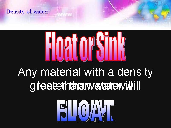 Density of water: Any material with a density greater less thanwaterwill 