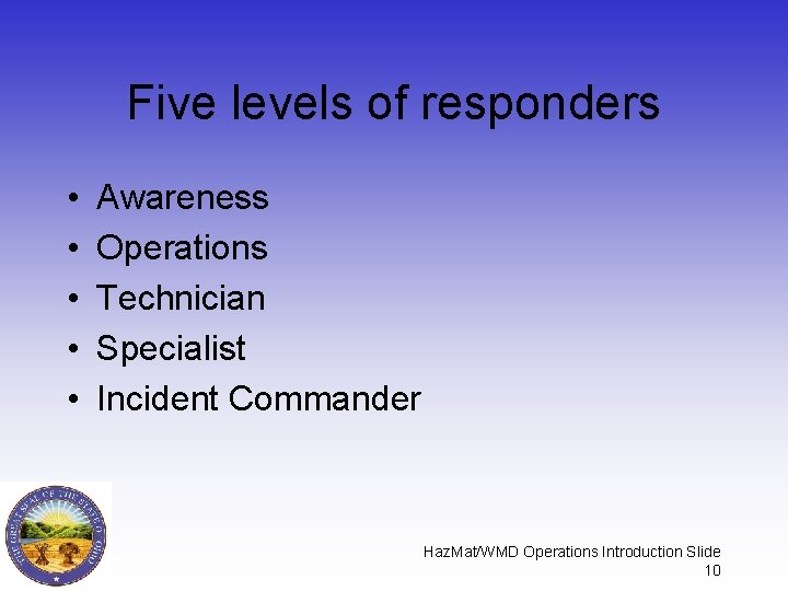 Five levels of responders • • • Awareness Operations Technician Specialist Incident Commander Haz.