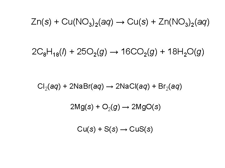 Zn(s) + Cu(NO 3)2(aq) → Cu(s) + Zn(NO 3)2(aq) 2 C 8 H 18(l)