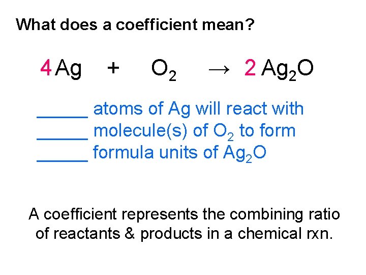 What does a coefficient mean? 4 Ag + O 2 → 2 Ag 2