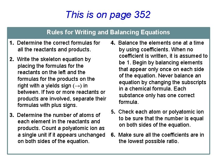 This is on page 352 Rules for Writing and Balancing Equations 1. Determine the