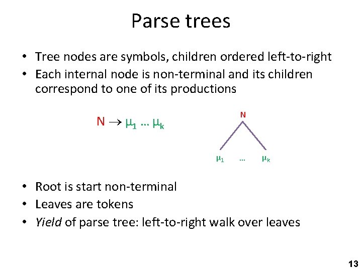 Parse trees • Tree nodes are symbols, children ordered left-to-right • Each internal node