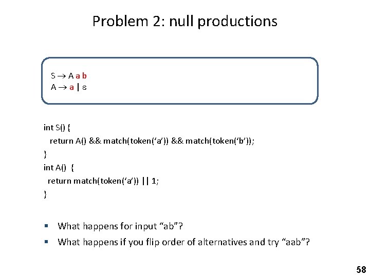 Problem 2: null productions S Aab A a| int S() { return A() &&