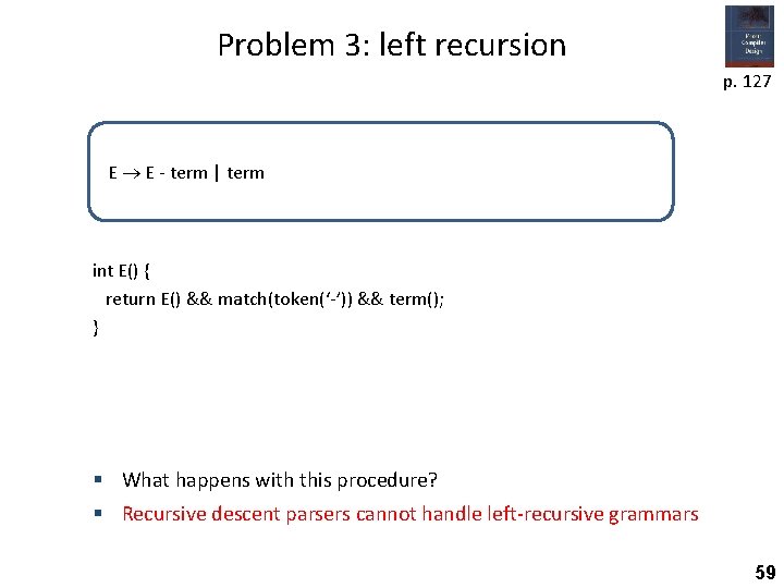 Problem 3: left recursion p. 127 E E - term | term int E()