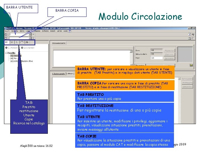 BARRA UTENTE BARRA COPIA Modulo Circolazione BARRA UTENTE: per caricare e visualizzare un utente