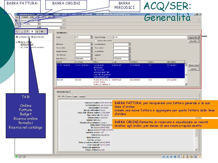 BARRA FATTURA: BARRA ORDINI BARRA PERIODICI ACQ/SER: Generalità TAB: Ordine Fatture Budget Ricerca ordine