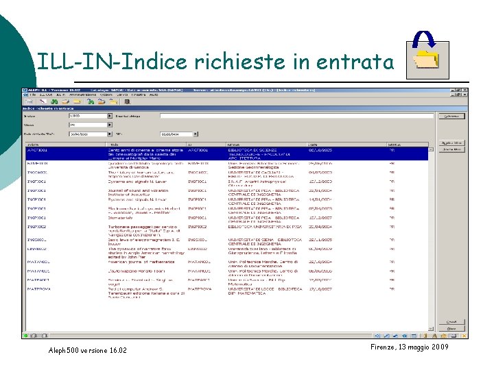 ILL-IN-Indice richieste in entrata Aleph 500 versione 16. 02 Firenze, 13 maggio 2009 