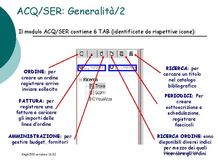 ACQ/SER: Generalità/2 Il modulo ACQ/SER contiene 6 TAB (identificate da rispettive icone): ORDINE: per