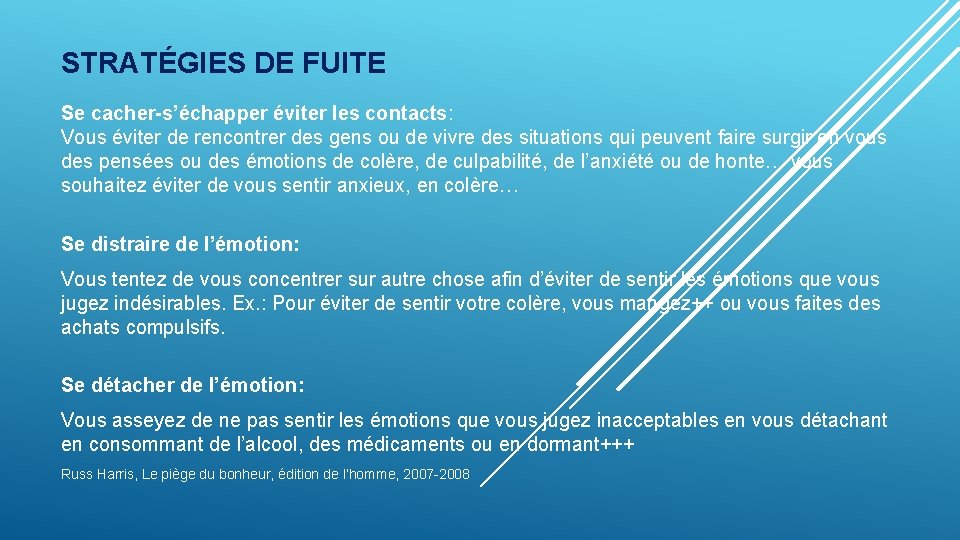 STRATÉGIES DE FUITE Se cacher-s’échapper éviter les contacts: Vous éviter de rencontrer des gens STRATÉGIES DE FUITE Se cacher-s’échapper éviter les contacts: Vous éviter de rencontrer des gens