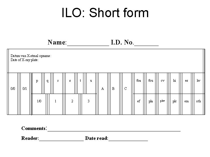 ILO: Short form Name: ______ I. D. No. _______ Datum van X-straal opname: Date