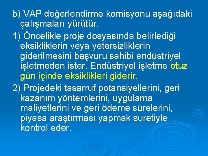 b) VAP değerlendirme komisyonu aşağıdaki çalışmaları yürütür. 1) Öncelikle proje dosyasında belirlediği eksikliklerin veya