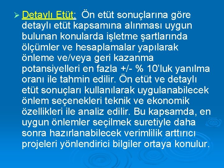 Ø Detaylı Etüt: Ön etüt sonuçlarına göre detaylı etüt kapsamına alınması uygun bulunan konularda