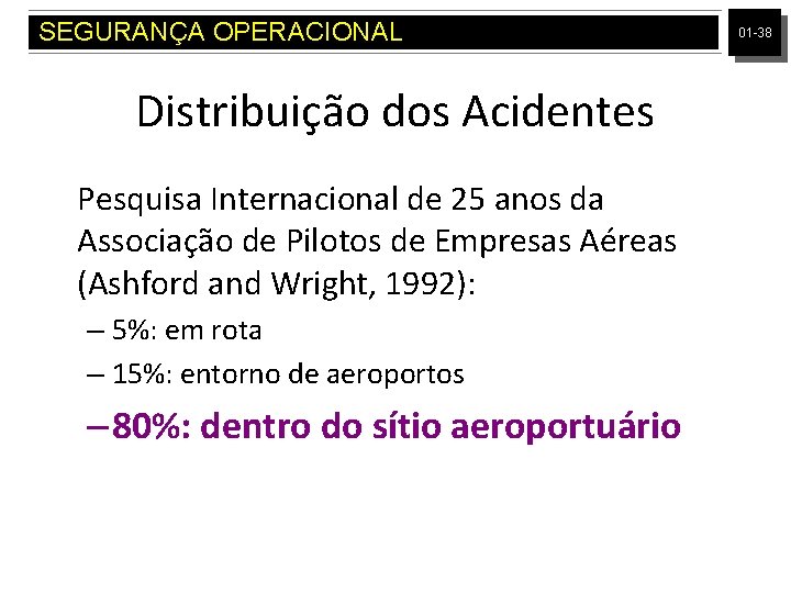 SEGURANÇA OPERACIONAL Distribuição dos Acidentes Pesquisa Internacional de 25 anos da Associação de Pilotos