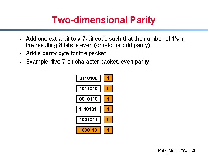 Two-dimensional Parity § § § Add one extra bit to a 7 -bit code