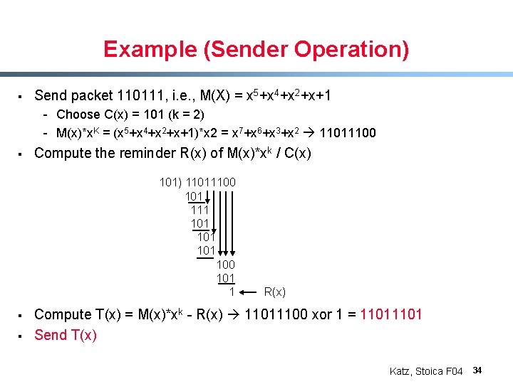 Example (Sender Operation) § Send packet 110111, i. e. , M(X) = x 5+x