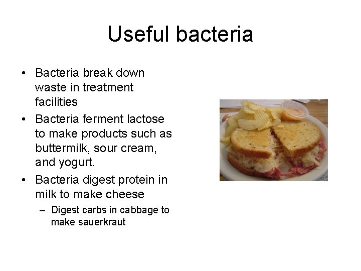 Useful bacteria • Bacteria break down waste in treatment facilities • Bacteria ferment lactose