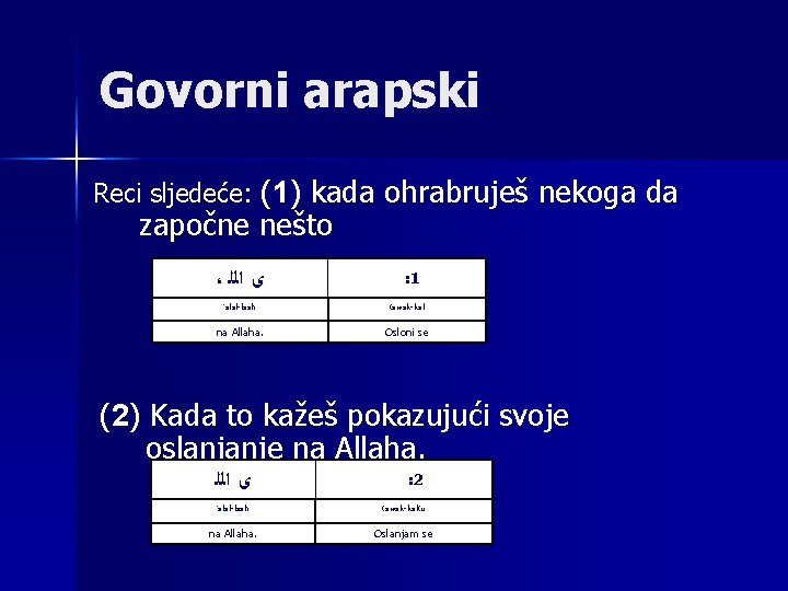 Govorni arapski Reci sljedeće: (1) kada ohrabruješ nekoga da započne nešto ، ﻯ ﺍﻟﻠ