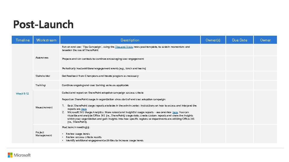 Timeline Workstream Description Run an end user "Tips Campaign“, using the Tips and Tricks Timeline Workstream Description Run an end user "Tips Campaign“, using the Tips and Tricks