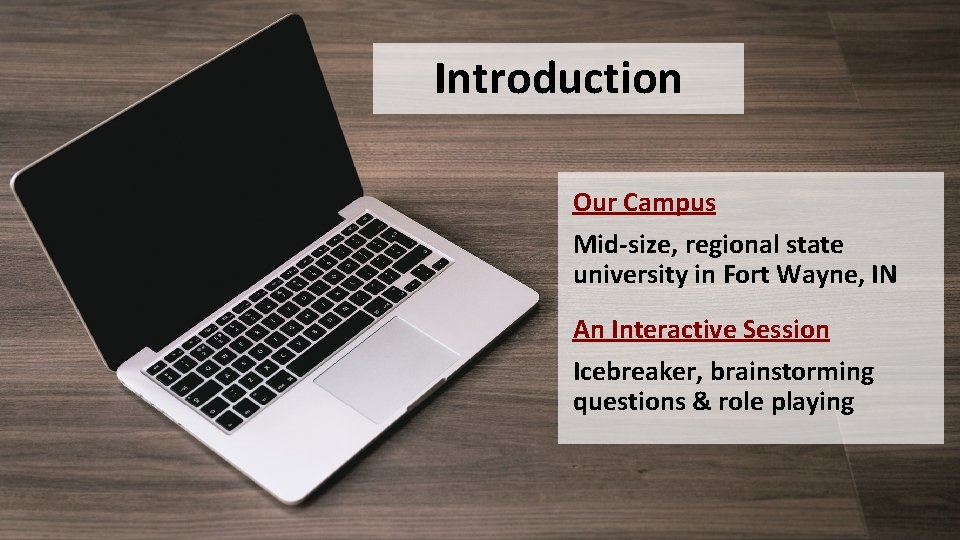 Introduction Our Campus Mid-size, regional state university in Fort Wayne, IN An Interactive Session