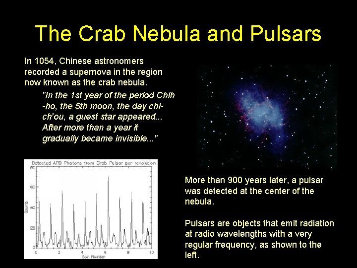 The Crab Nebula and Pulsars In 1054, Chinese astronomers recorded a supernova in the