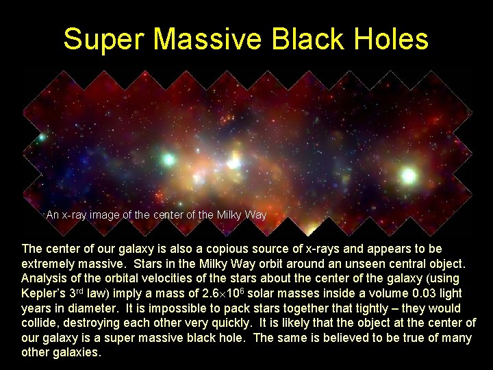 Super Massive Black Holes An x-ray image of the center of the Milky Way