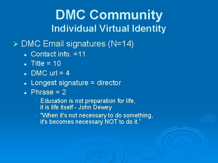 DMC Community Individual Virtual Identity Ø DMC Email signatures (N=14) l l l Contact