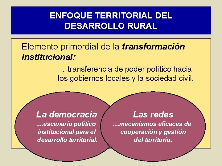 ENFOQUE TERRITORIAL DESARROLLO RURAL Elemento primordial de la transformación institucional: …transferencia de poder político