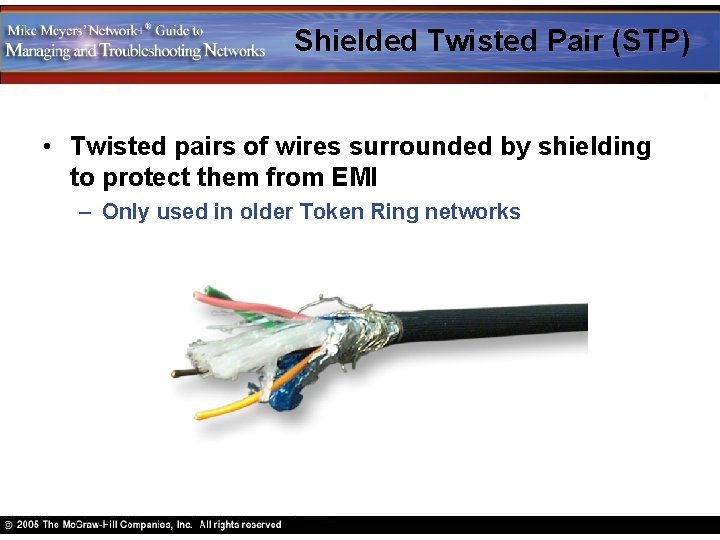 Shielded Twisted Pair (STP) • Twisted pairs of wires surrounded by shielding to protect