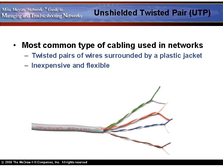 Unshielded Twisted Pair (UTP) • Most common type of cabling used in networks –