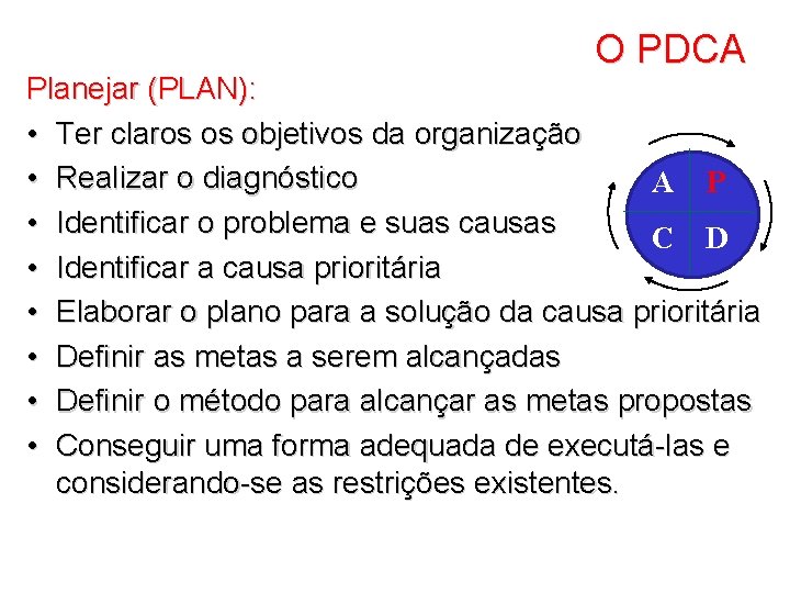 O PDCA Planejar (PLAN): • Ter claros os objetivos da organização • Realizar o