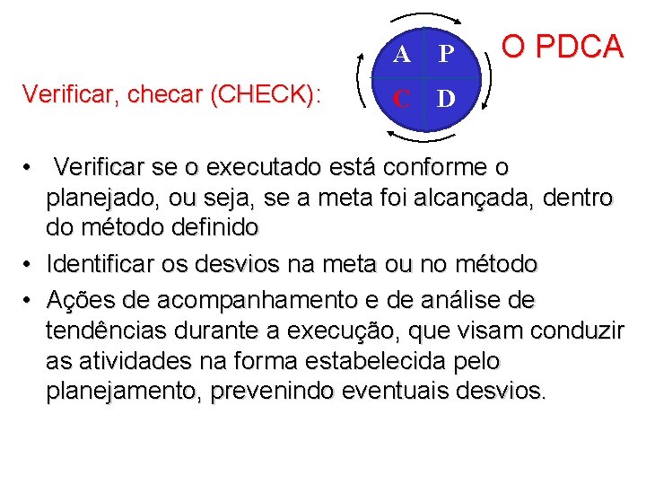 Verificar, checar (CHECK): A P C D O PDCA • Verificar se o executado