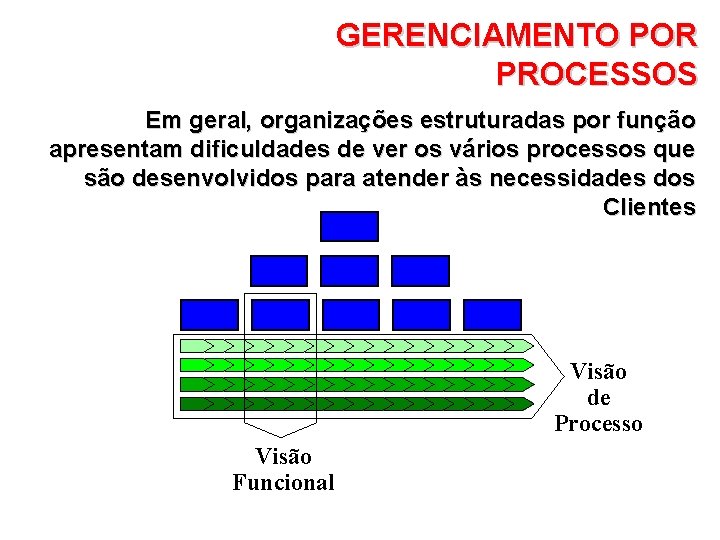 GERENCIAMENTO POR PROCESSOS Em geral, organizações estruturadas por função apresentam dificuldades de ver os