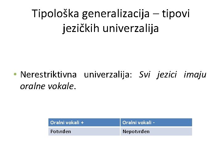 Tipološka generalizacija – tipovi jezičkih univerzalija • Nerestriktivna univerzalija: Svi jezici imaju oralne vokale.