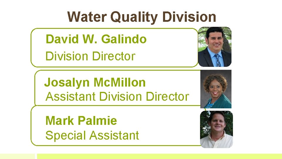 Water Quality Division David W. Galindo Division Director Josalyn Mc. Millon Assistant Division Director