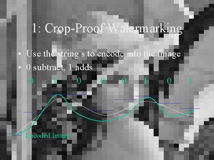 1: Crop-Proof Watermarking • Use the string s to encode into the image •