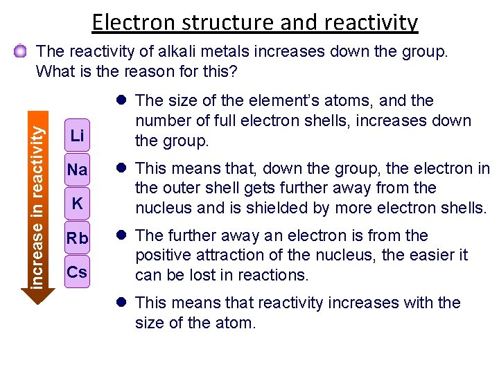 Electron structure and reactivity increase in reactivity The reactivity of alkali metals increases down