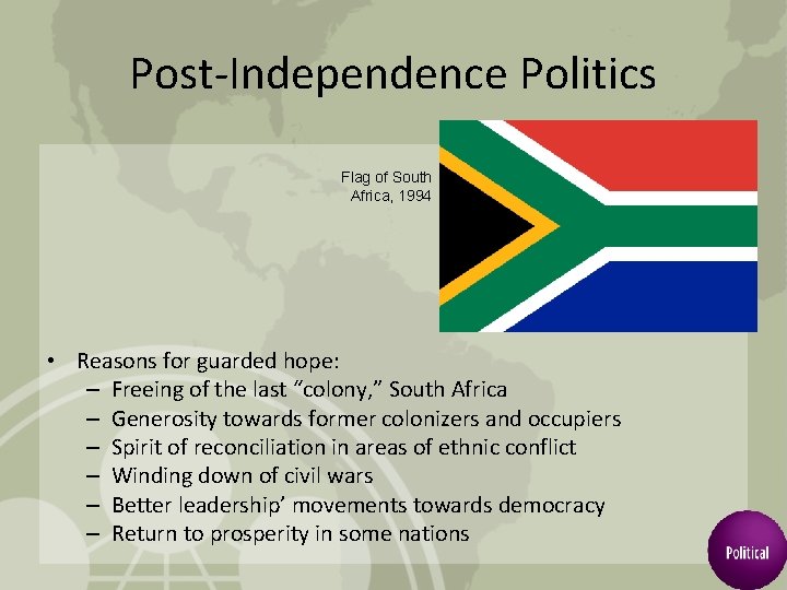 Post-Independence Politics Flag of South Africa, 1994 • Reasons for guarded hope: – Freeing