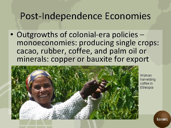 Post-Independence Economies • Outgrowths of colonial-era policies – monoeconomies: producing single crops: cacao, rubber,