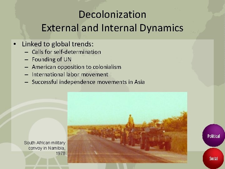Decolonization External and Internal Dynamics • Linked to global trends: – – – Calls