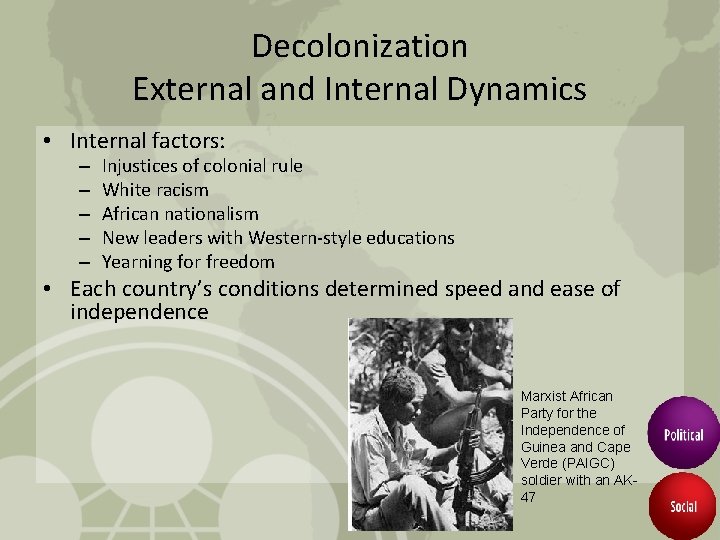 Decolonization External and Internal Dynamics • Internal factors: – – – Injustices of colonial